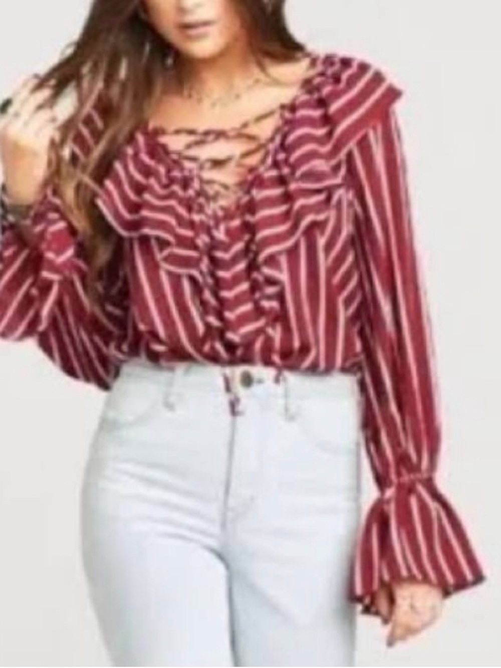 Show Me Your Mumu Blouse Bell Sleeve Top Long Sleeve Shirt Ruffles Small Maroon